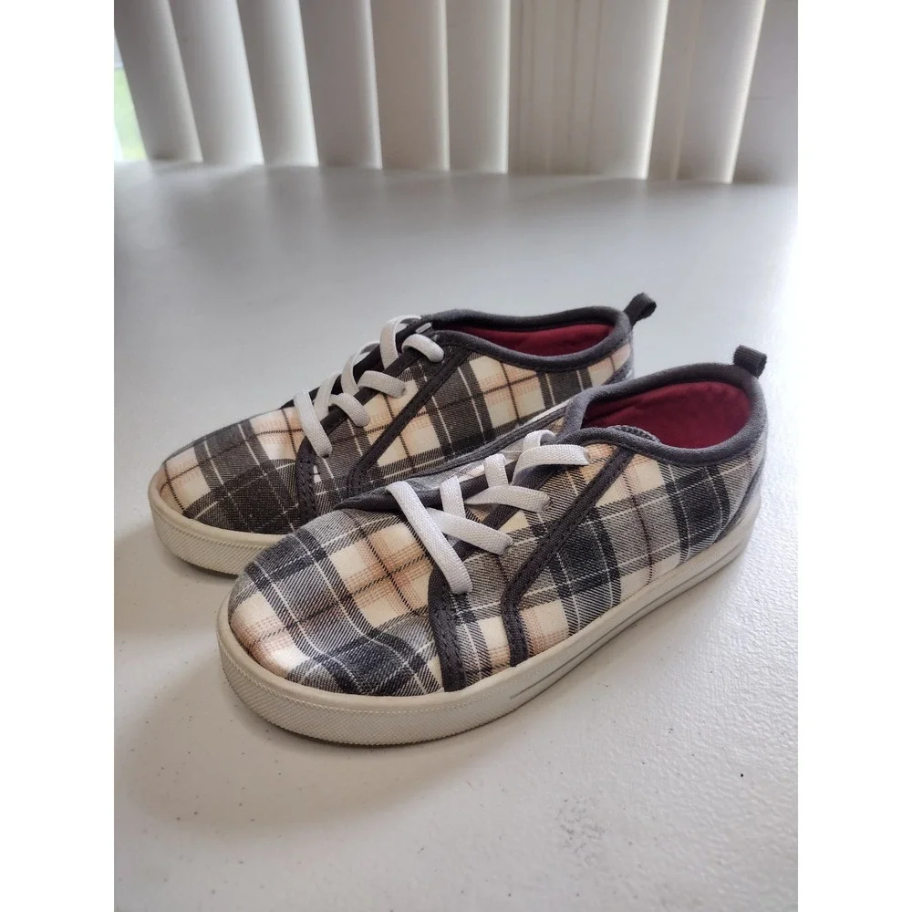 OshKosh Bgosh Kids Plaid Low Top Sneakers Gray Cream Pink SYRUP Size 12M